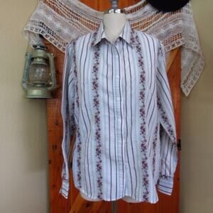 White Stag Floral & Stripes Button Down Shirt Long Sleeve Collared Roses